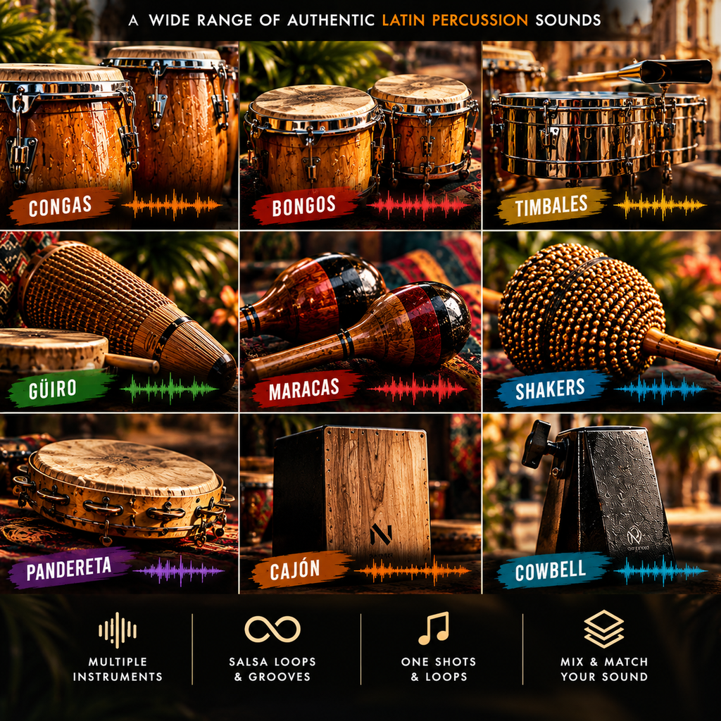 Latin percussion WAV samples and salsa loops featuring congas, bongos, timbales, güiro, maracas, shakers, and cowbell for versatile music production.