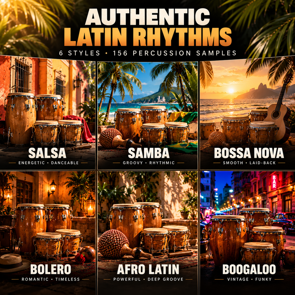 Latin percussion WAV samples featuring six styles: salsa, samba, bossa nova, bolero, Afro-Latin, and boogaloo.