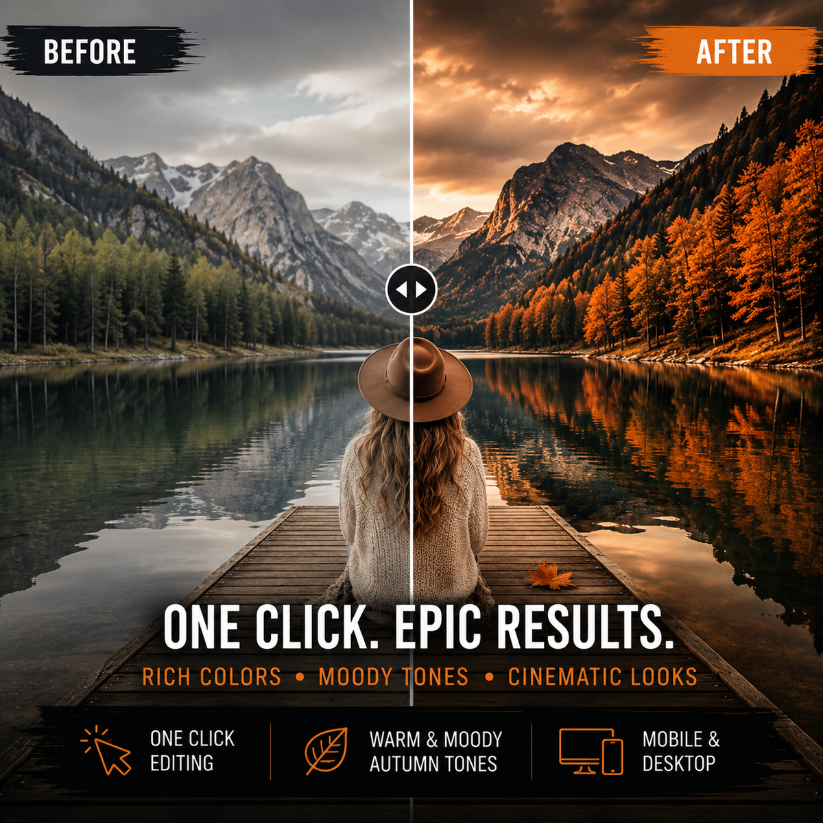 Before-and-after landscape photo editing comparison showing a mountain lake scene. The left side labeled BEFORE has a moody, cool-toned grayish image, while the right side labeled AFTER has warm golden-hour tones with orange autumn trees.