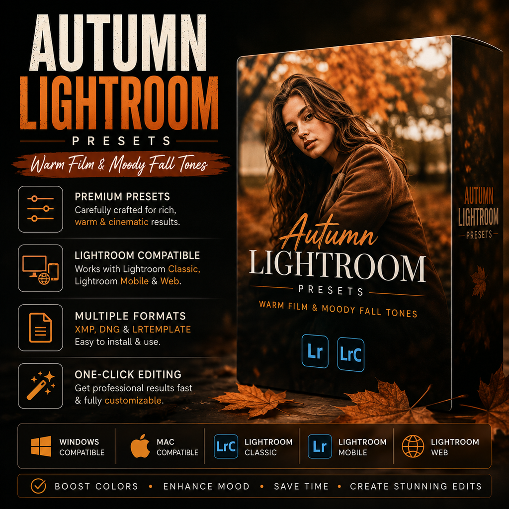 Promotional graphic for 'Autumn Lightroom Presets' showing a software box mockup with a warm-toned portrait of a woman, plus feature callouts and compatibility icons for Lightroom Classic, Lightroom Mobile, and Lightroom Web.