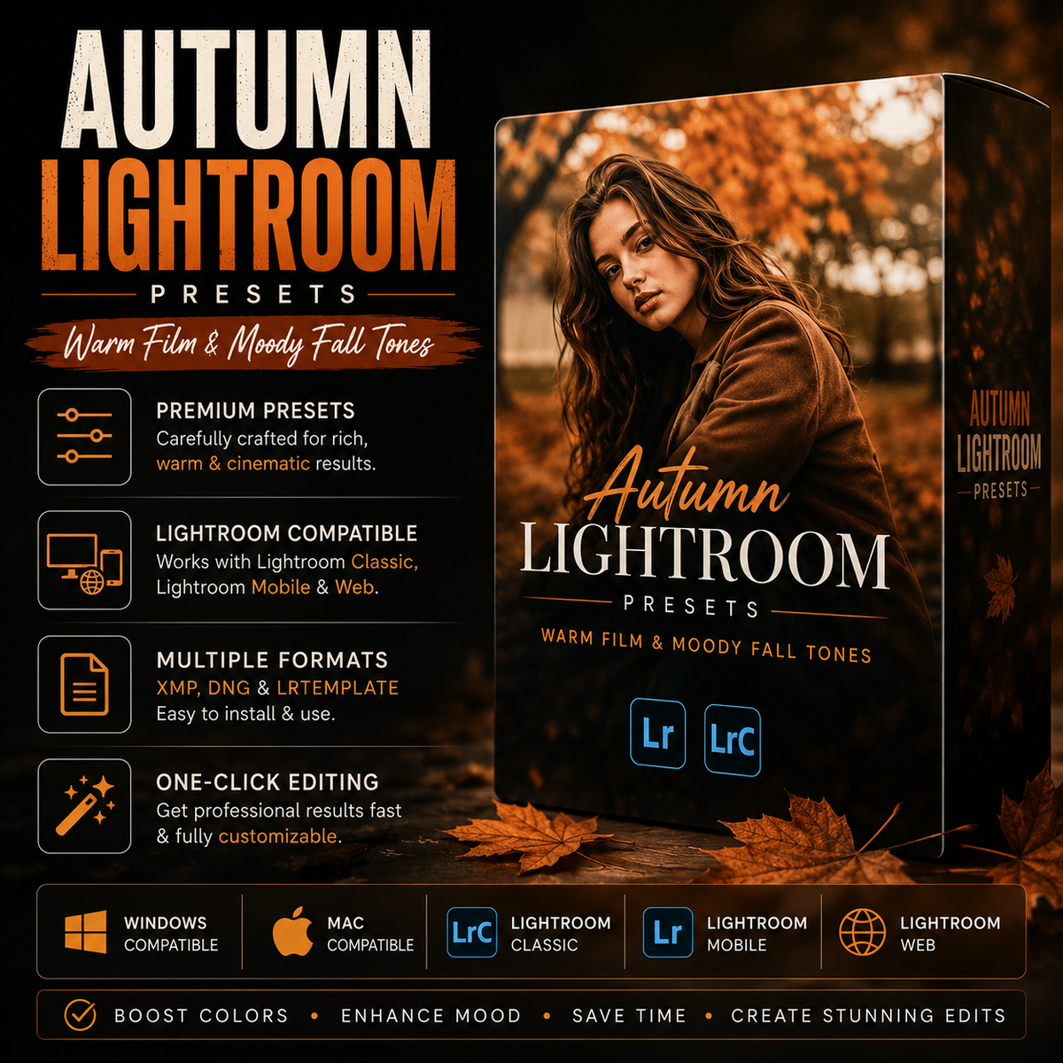 Promotional graphic for 'Autumn Lightroom Presets' showing a software box mockup with a warm-toned portrait of a woman, plus feature callouts and compatibility icons for Lightroom Classic, Lightroom Mobile, and Lightroom Web.