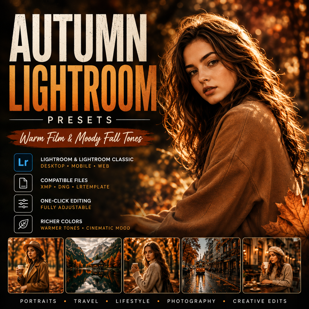 Promotional graphic for 'Autumn Lightroom Presets' showing a woman in warm fall clothing with orange-toned autumn scenery, plus text listing features such as Lightroom and Lightroom Classic compatibility, one-click editing, richer colors, and example portrait/travel/lifestyle photo results.