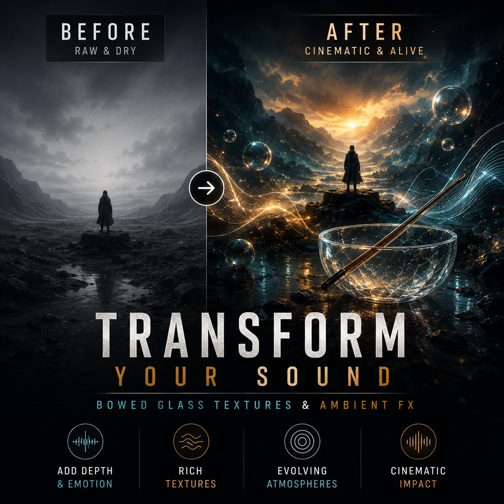 Promotional graphic for a sound design or audio editing effect, showing a split before-and-after comparison. The left side, labeled 'BEFORE RAW & DRY', depicts a dark, moody landscape with a lone figure and a bowed glass.