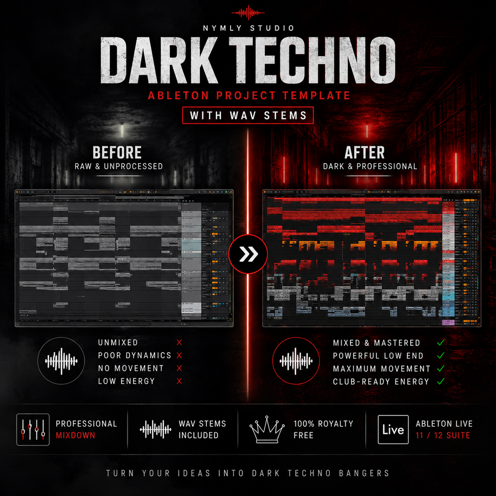Promotional graphic for a Dark Techno Ableton project template by Nymly Studio, showing a before-and-after comparison of audio arrangement interfaces, with red glowing club-style background elements and text highlighting features like wav stems and professional mixing.