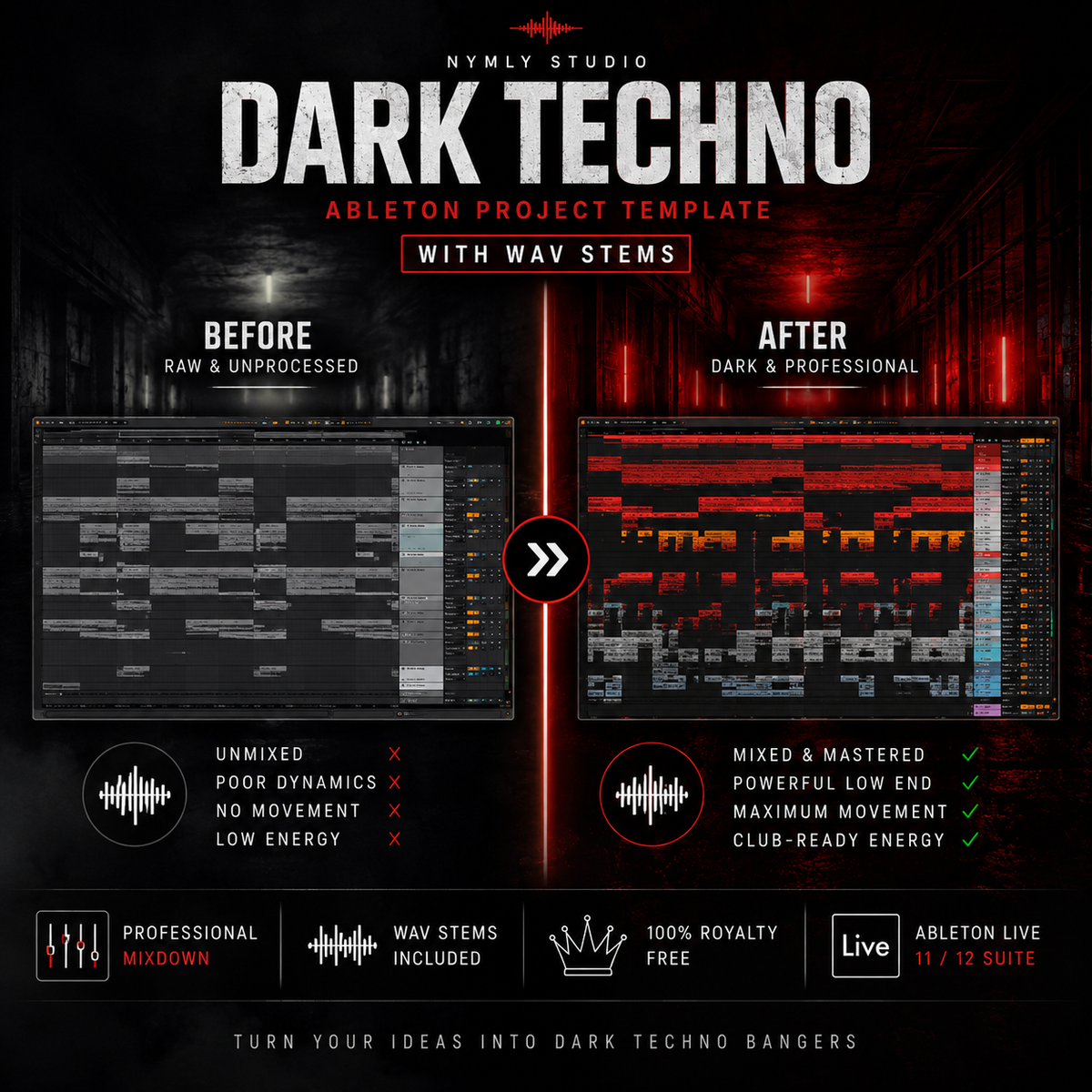 Promotional graphic for a Dark Techno Ableton project template by Nymly Studio, showing a before-and-after comparison of audio arrangement interfaces, with red glowing club-style background elements and text highlighting features like wav stems and professional mixing.
