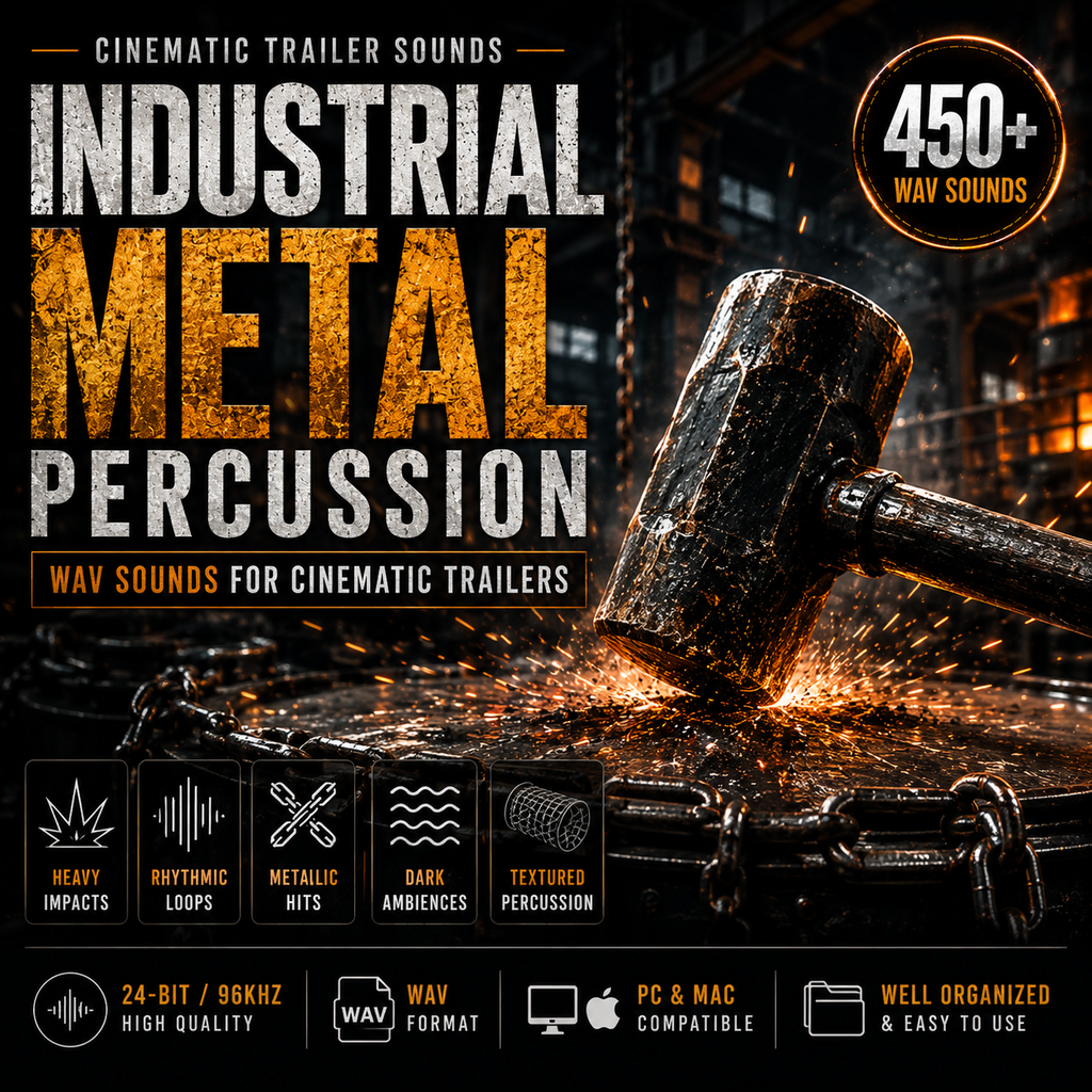 Before and after cinematic trailer sound design using industrial metal percussion WAV sounds
