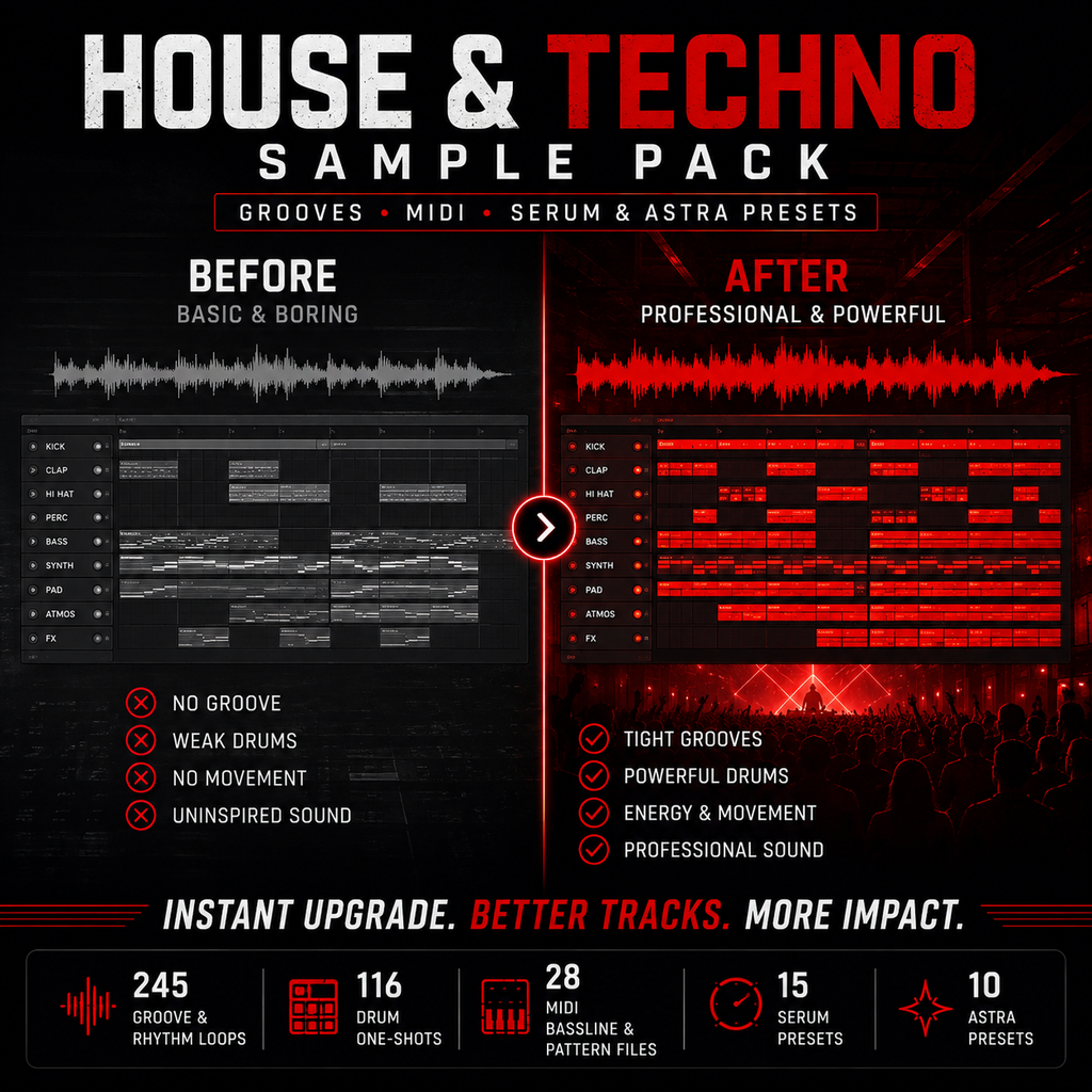 Promotional graphic for a House & Techno Sample Pack, showing before-and-after audio waveform comparisons and feature callouts for grooves, MIDI, serum & Astra presets. The design uses black, red, and white with a dark club scene in the background.