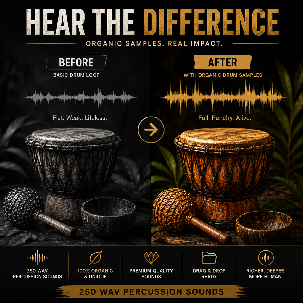 Promotional graphic for a percussion sounds sample pack, showing a split comparison labeled BEFORE and AFTER. The left side shows a dark, basic drum loop setup with a muted drum and maracas; the right side shows a warm, richly detailed drum and maracas setup.