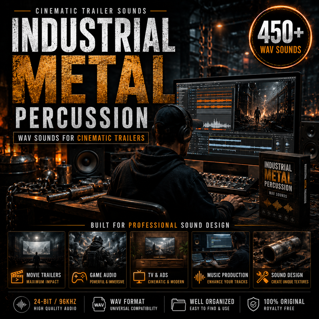 Sound designer using industrial metal percussion WAV sounds in a cinematic audio production workflow