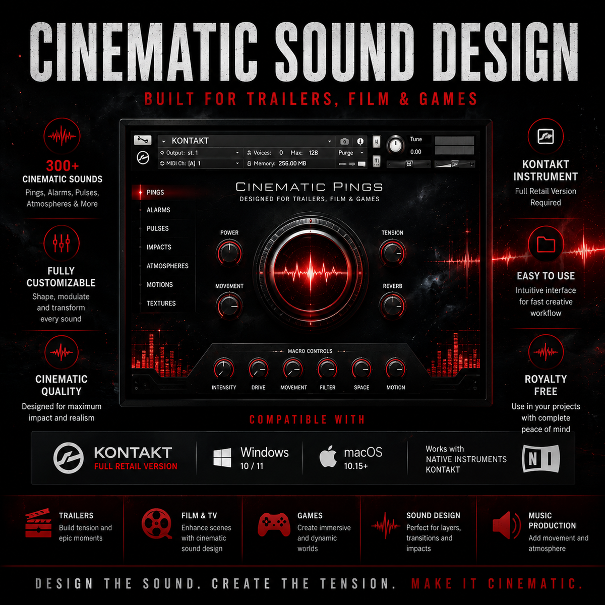 Kontakt cinematic sound design toolkit featuring pings, alarms, metallic pulses and atmospheric sounds