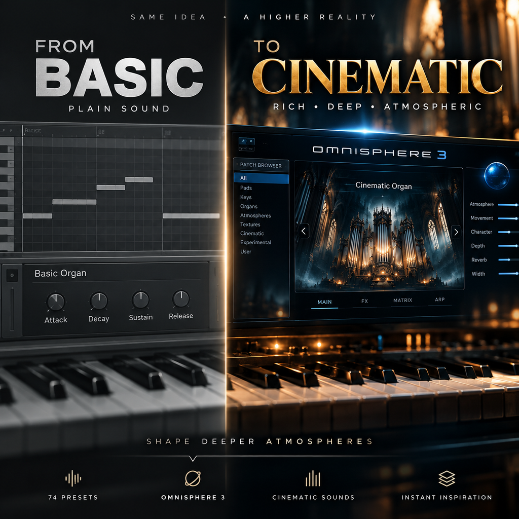 Promotional graphic for Omnisphere 3 cinematic sound library, comparing basic sound with cinematic sound. The left side shows a dark gray basic organ preset interface over a piano keyboard.