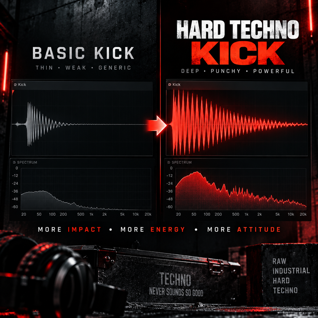 Promotional graphic for a hard techno kick drum sample pack, titled 'HARD TECHNO KICK' with 'BASIC KICK' on the left. The graphic features before-and-after soundwave visualizations showing a weak generic kick on the left and a deep, punchy, powerful kick on the right, set against a dark industrial techno background with equipment in the foreground.