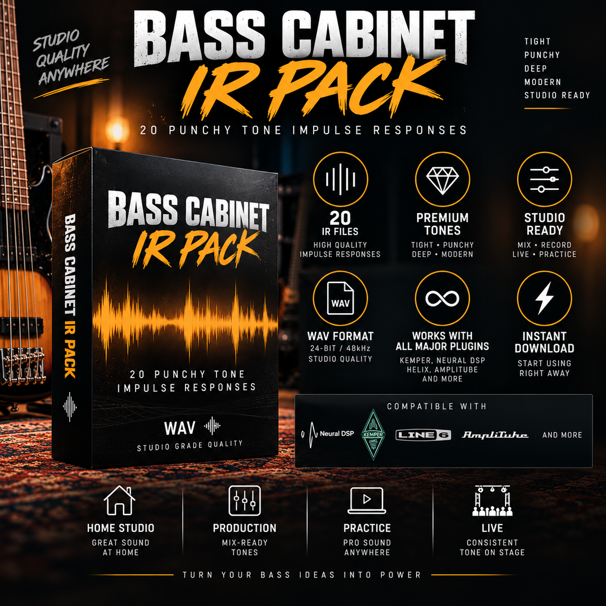 Promotional graphic for a digital audio plugin pack called 'Bass Cabinet IR Pack'. The image shows a 3D box mockup of the product on the left, with various feature icons on the right (20 presets, studio tones, studio ready, etc.