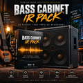 Promotional graphic for 'Bass Cabinet IR Pack' showing a software sample pack box in front of an amplifier, with a bass guitar on the left and text highlighting 20 punchy tone impulse responses. The design uses a dark, high-contrast aesthetic with orange and yellow accents.
