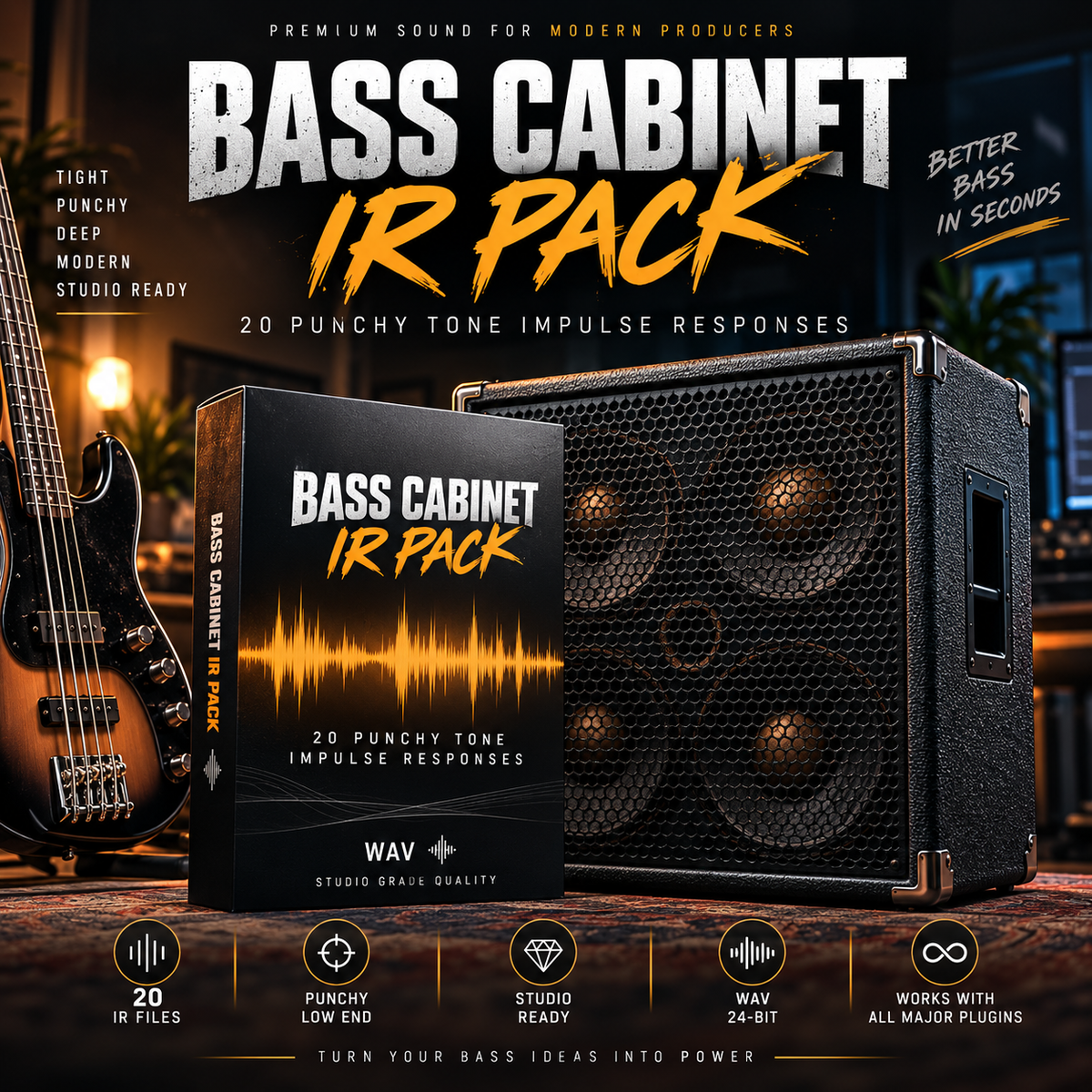Promotional graphic for 'Bass Cabinet IR Pack' showing a software sample pack box in front of an amplifier, with a bass guitar on the left and text highlighting 20 punchy tone impulse responses. The design uses a dark, high-contrast aesthetic with orange and yellow accents.