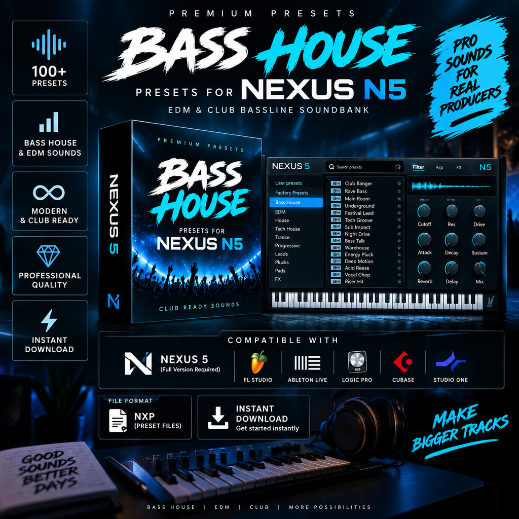 Promotional graphic for Bass House Presets for Nexus N5, showing software interface screenshots, product box art, feature icons, compatibility logos, and a laptop with headphones on a dark blue graphic background.