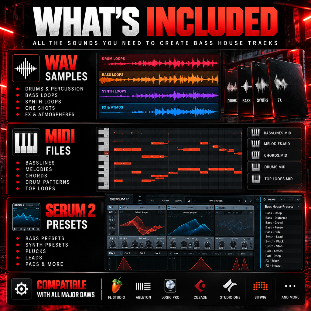 Bass House sample pack featuring WAV loops, MIDI files, Serum 2 presets, and music production software compatibility.