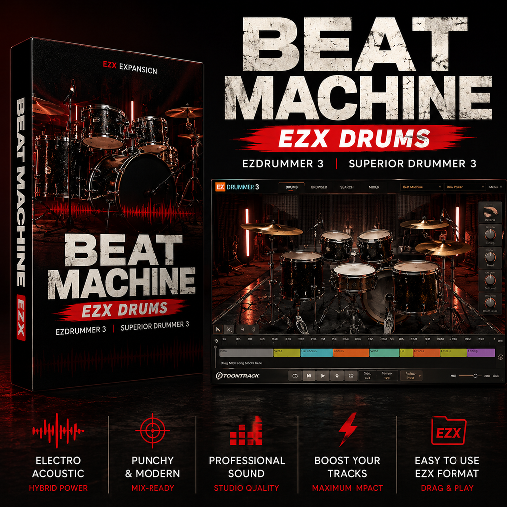 Promotional graphic for EZX Expansion's Beat Machine EZX Drums audio sample pack, showing the software box cover, a screenshot of the drum kit interface, and five feature icons for electro acoustic, punchy and modern, professional sound, boosted tracks, and easy EZX usage.