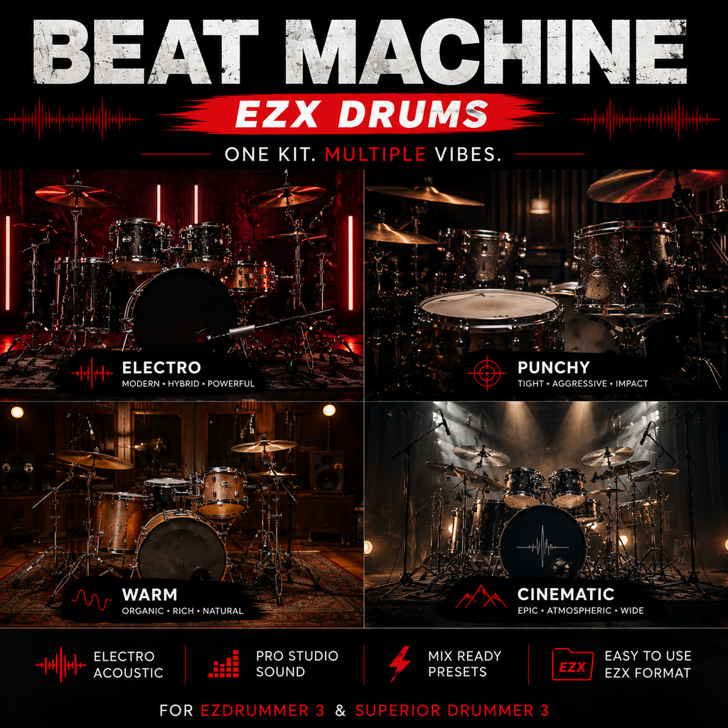 Promotional graphic for EZX Drums Beat Machine kit, showing four drum kit style presets labeled Electro, Punchy, Warm, and Cinematic with text highlighting one kit, multiple vibes, and compatibility with EZDRUMMER 3 & DRUMMER 3.