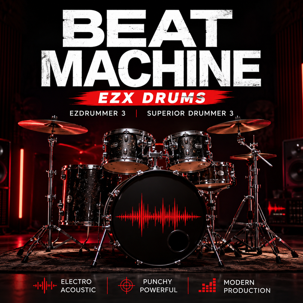 Promotional cover art for EZX Drums featuring a full drum kit on a dark stage with red lighting. Large white text at the top reads 'BEAT MACHINE' with 'EZX DRUMS' in red below it.