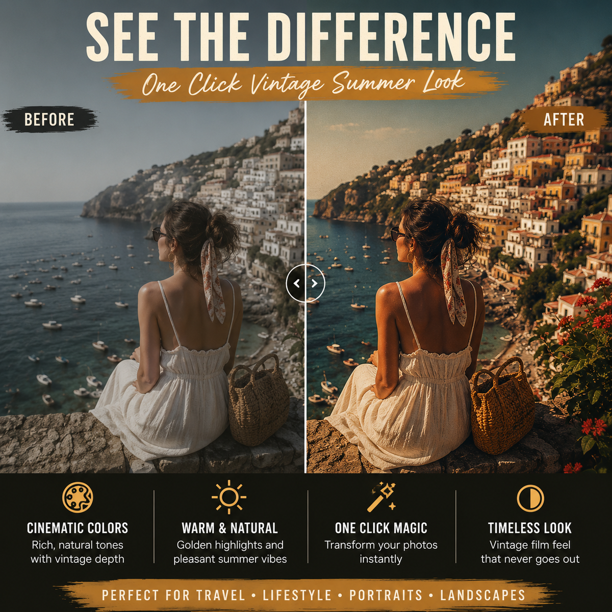 A promotional comparison graphic showing a coastal seaside scene with a woman seated on a rock, labeled BEFORE and AFTER with the headline 'SEE THE DIFFERENCE' and 'One Click Vintage Summer Look.' The right side has warmer, golden vintage tones, while the left side is more natural.