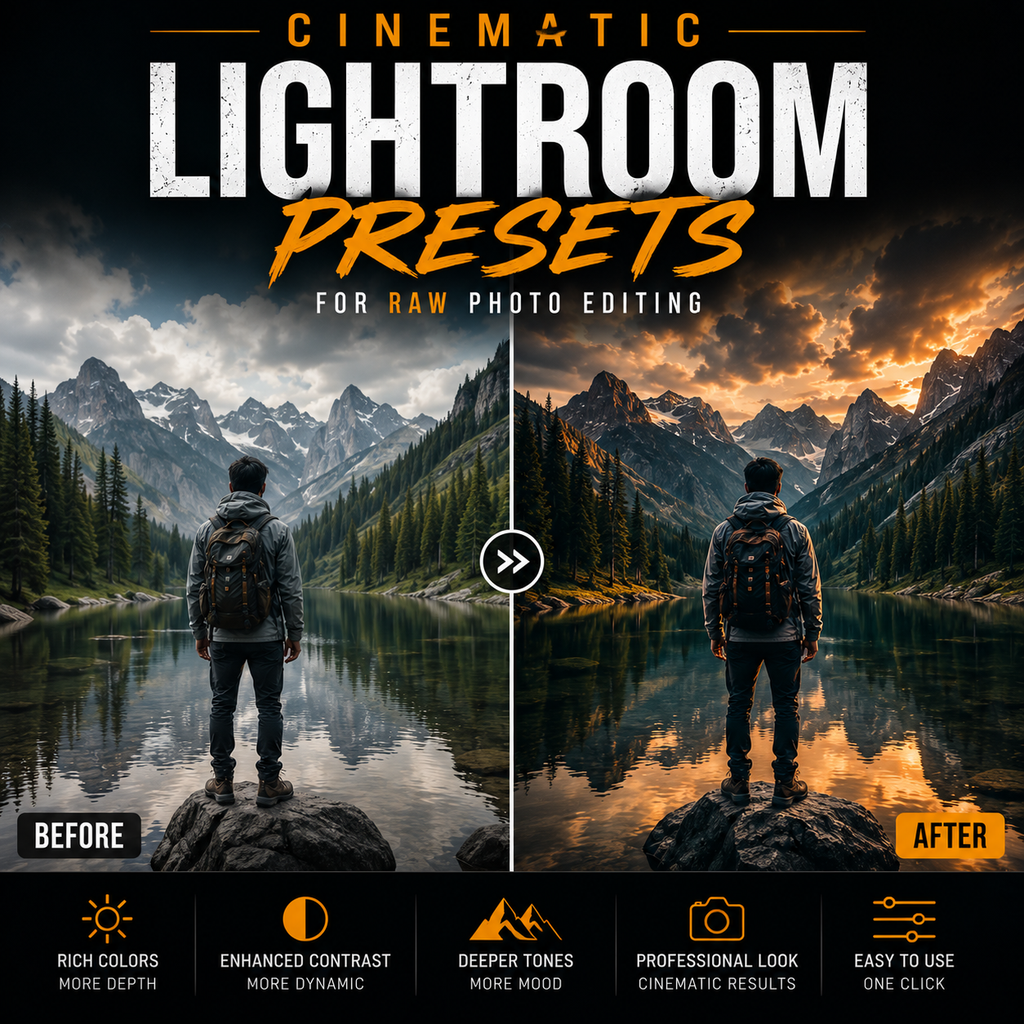 Promotional graphic for Cinematic Lightroom Presets for raw photo editing, showing a split before/after comparison of a mountain lake scene with a hiker standing on a rock. Large title text at the top reads 'Cinematic Lightroom Presets,' and feature callouts appear along the bottom.