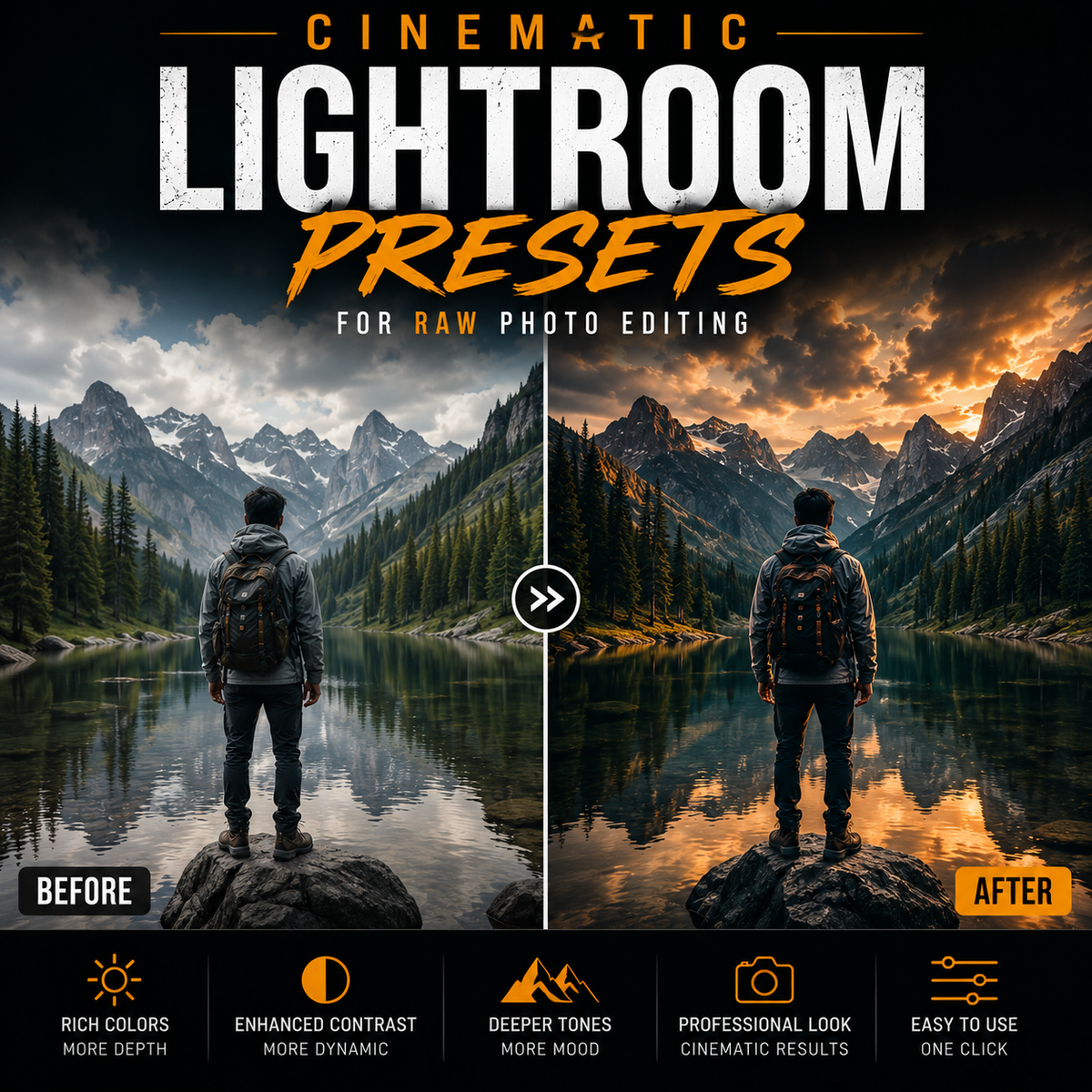 Promotional graphic for Cinematic Lightroom Presets for raw photo editing, showing a split before/after comparison of a mountain lake scene with a hiker standing on a rock. Large title text at the top reads 'Cinematic Lightroom Presets,' and feature callouts appear along the bottom.