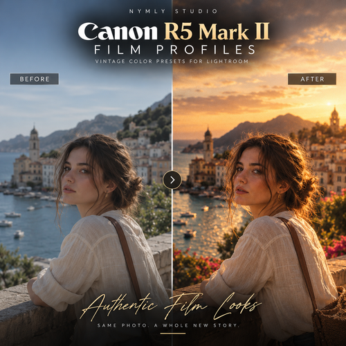 Promotional graphic for Nymly Studio's Canon R5 Mark II Film Profiles, showing a coastal town and a woman in a split-screen 'Before' and 'After' color grading comparison. The 'Before' side has cooler, blue-toned lighting, while the 'After' side has warm, golden-hour film tones.