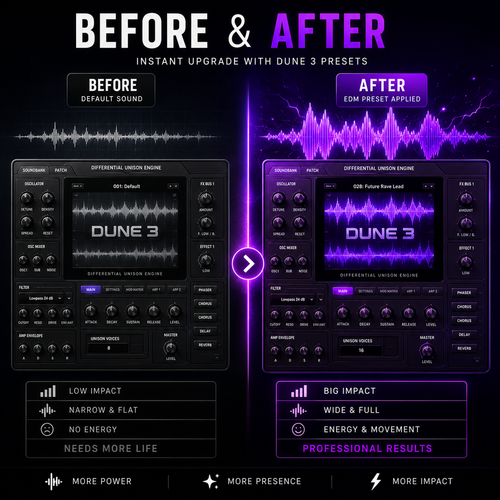 Before and after comparison graphic for Dune 3 preset editing, showing a virtual audio plugin interface on the left labeled 'Before Default Sound' and a brighter purple interface on the right labeled 'After EDM Preset Applied' with feature callouts below.