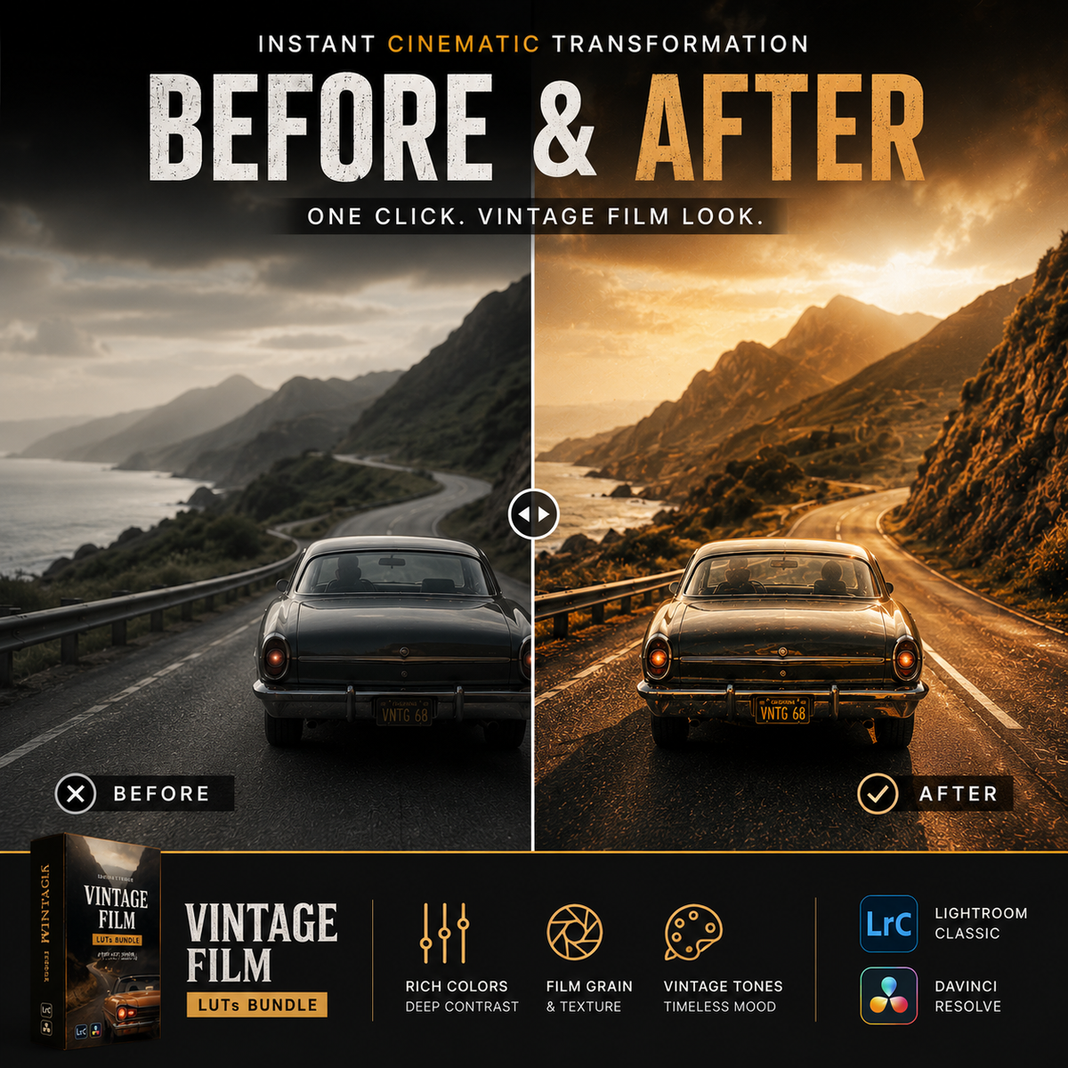 Promotional graphic for a vintage film photo editing preset bundle, showing a split-screen before/after comparison of a car on a coastal road with a warm golden 'After' look. Text reads 'Before & After', 'One Click.