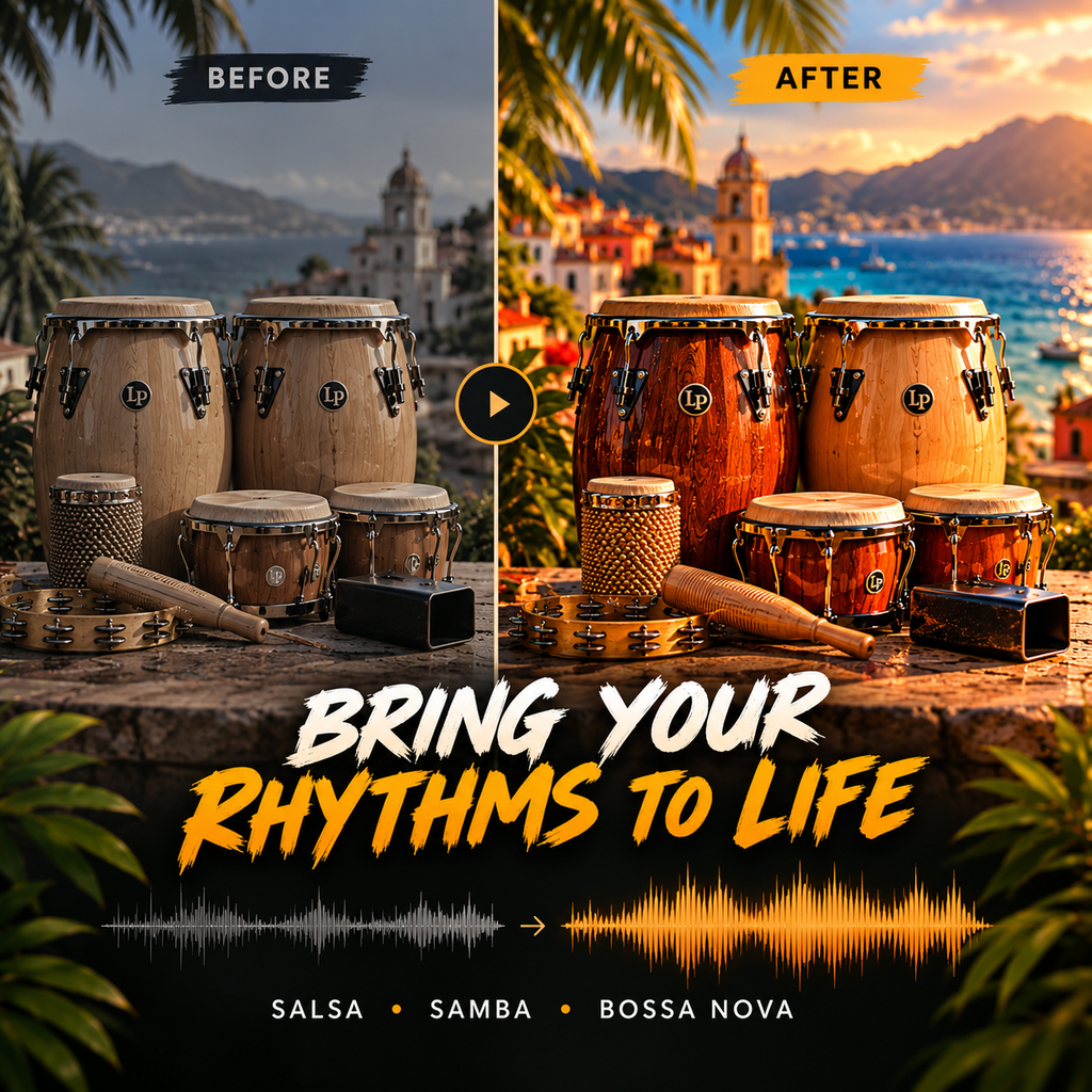 Before-and-after split comparison graphic showing percussion instruments, including conga drums and a tambourine, set against coastal city backdrops labeled 'BEFORE' and 'AFTER' with the text 'BRING YOUR RHYTHMS TO LIFE' and music genre labels 'SALSA • SAMBA • BOSSA NOVA' at the bottom.
