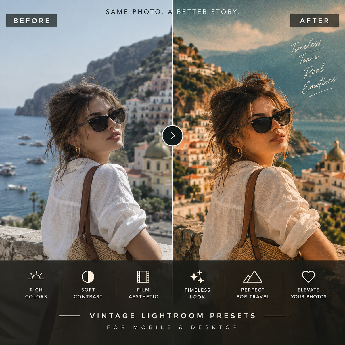 Before-and-after photo editing comparison showing a woman in coastal scenery with sunglasses. The left side is labeled 'BEFORE' with natural daylight and a slightly washed-out look; the right side is labeled 'AFTER' with warmer, richer tones and enhanced contrast.