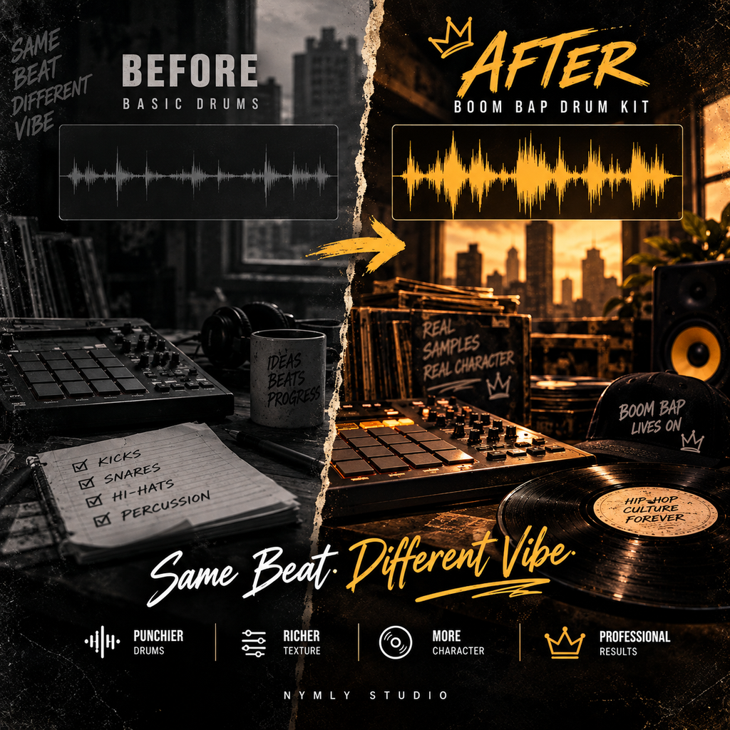 Promotional graphic for the Boom Bap Drum Kit by Nymly Studio, showing a split-screen comparison labeled 'Before' and 'After'. The left side, labeled 'Before Basic Drums', shows a dark, moody studio setup with a MIDI controller, headphones, and a notebook.