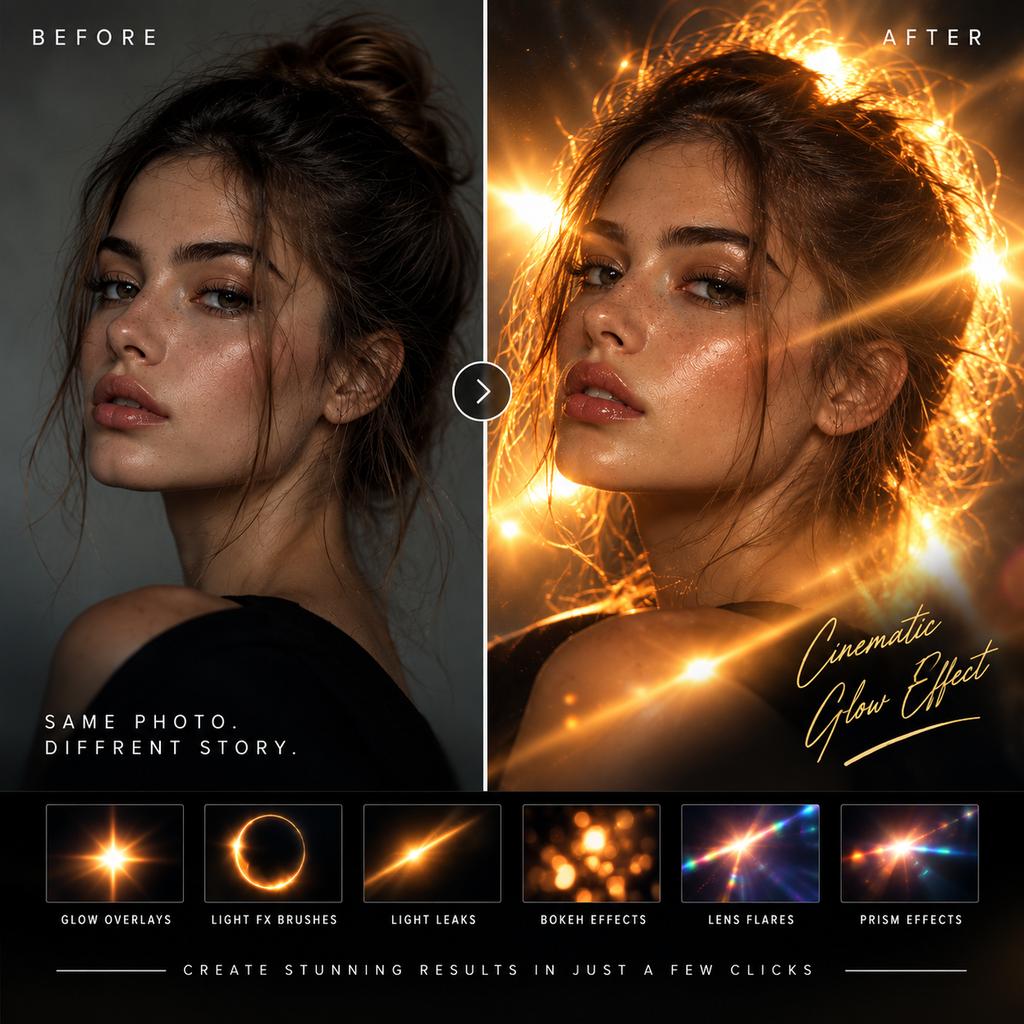 Before and after portrait enhanced with Photoshop glow overlays, light FX brushes, and cinematic lighting effects.