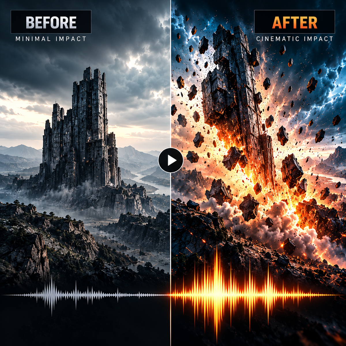 A split-screen comparison labeled 'BEFORE' and 'AFTER' showing a dramatic fantasy landscape with a tall rocky spire. The left side is dark, moody, and labeled 'MINIMAL IMPACT,' while the right side is fiery and explosive with floating rocks and intense light, labeled 'CINEMATIC IMPACT.