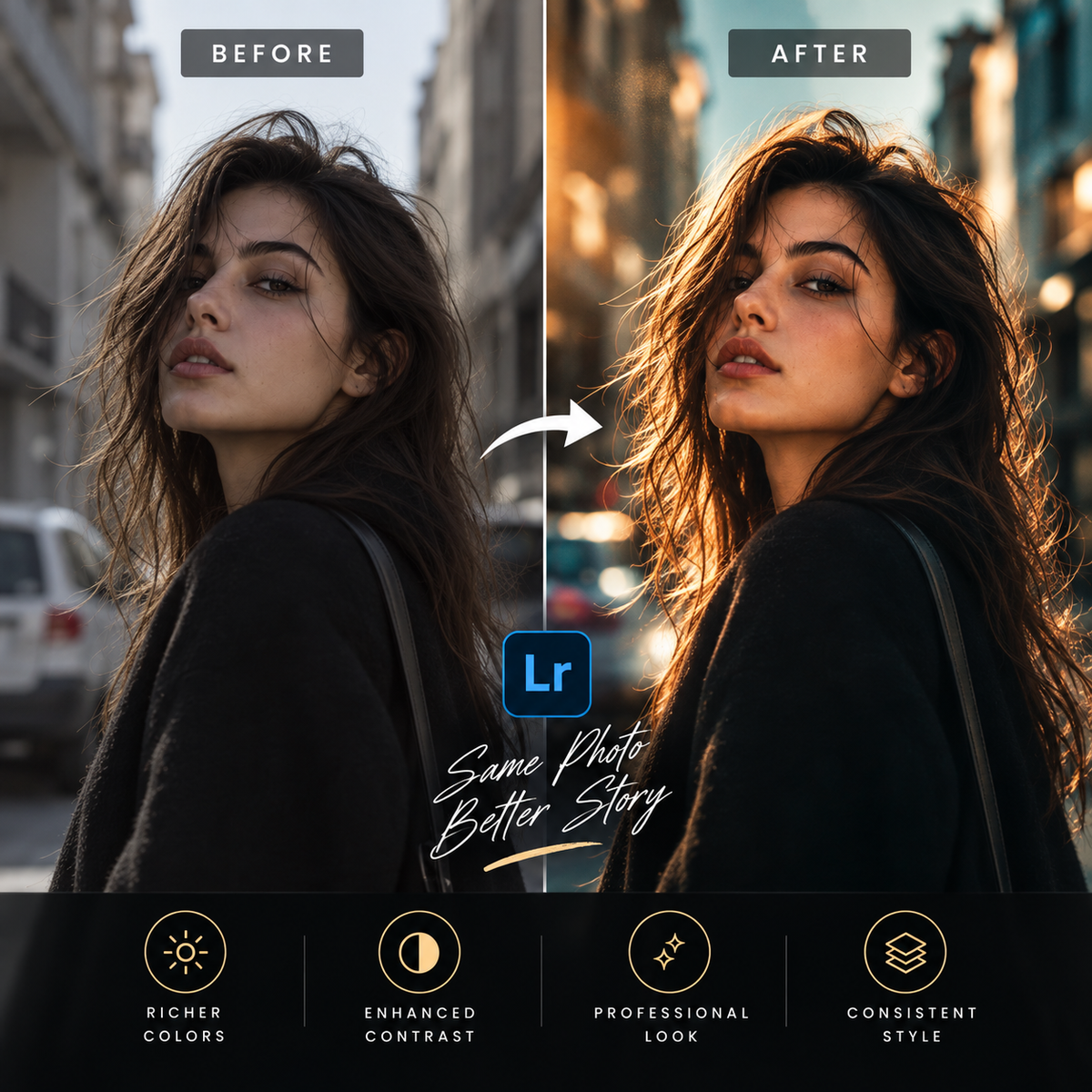 Cinematic Lightroom presets transform a muted street portrait into a warm, professional cinematic edit.
