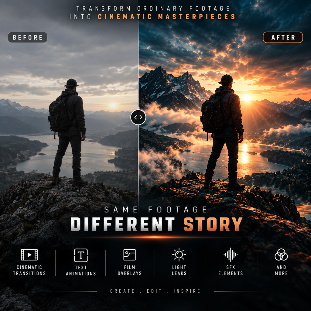 Promotional graphic for a video editing software or preset pack, showing a split-screen 'Before' and 'After' comparison of a hiker in a mountain landscape. The 'Before' side shows a muted, overcast day, while the 'After' side shows a dramatic, golden-hour sunset scene.