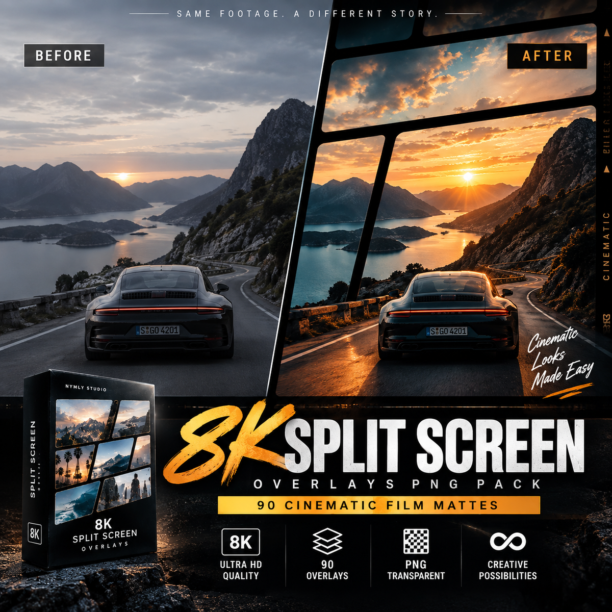 Promotional graphic for an '8K Split Screen' photo editing overlay pack, showing a before-and-after split screen comparison of a car on a scenic coastal road at sunset. The 'Before' side shows the original footage, while the 'After' side shows the edited, dramatic version with a split-screen effect.