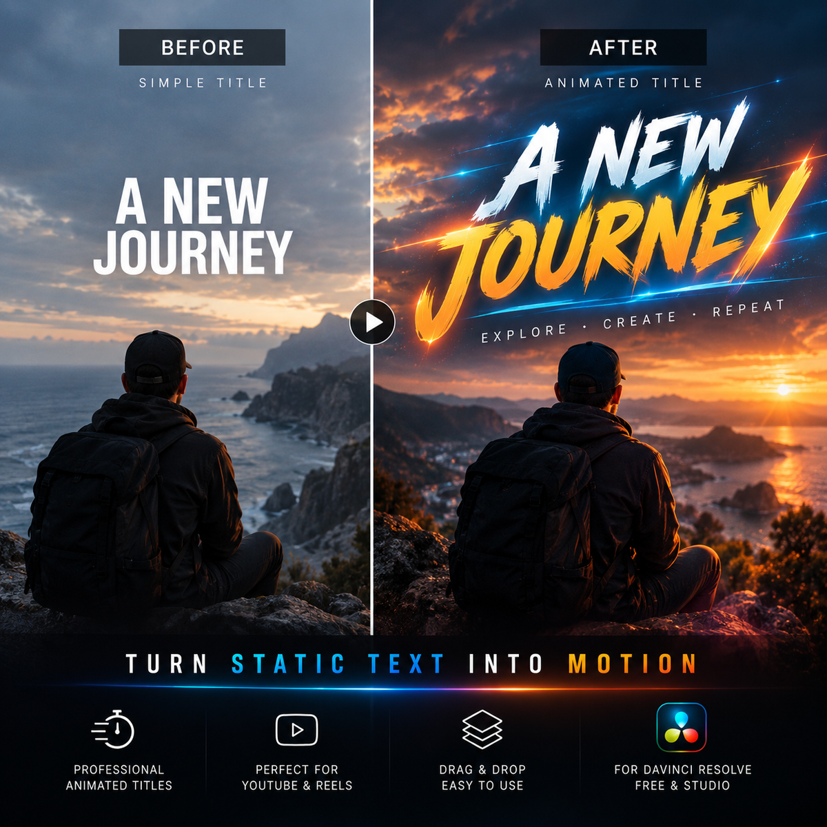 A promotional before-and-after comparison graphic showing a person sitting on a cliffside overlooking a sunset over the ocean. The left side is labeled 'BEFORE' with a static title and simple text, while the right side is labeled 'AFTER' with a dynamic, glowing animated title.