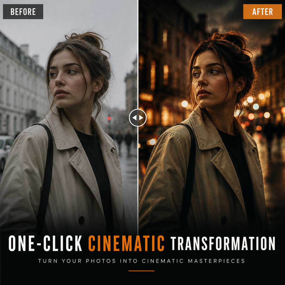 Before-and-after split-screen comparison showing a woman in a city street scene, with a dark, moody cinematic edit labeled 'AFTER' and text reading 'ONE-CLICK CINEMATIC TRANSFORMATION' at the bottom.