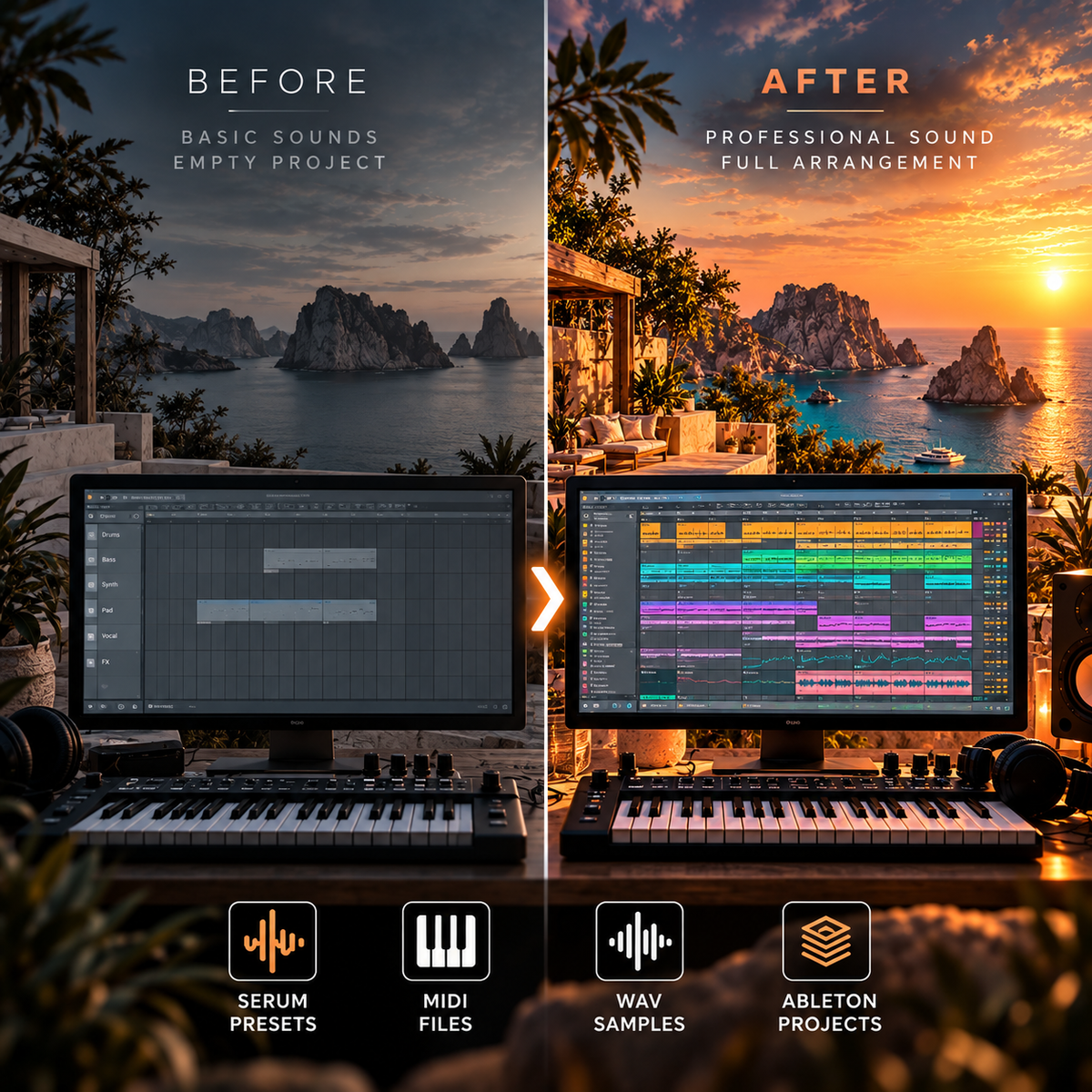 Before-and-after comparison graphic showing a computer setup with a music production interface. The left side, labeled BEFORE, shows an empty project screen with a dark landscape background and the text 'Basic Sounds Empty Project.