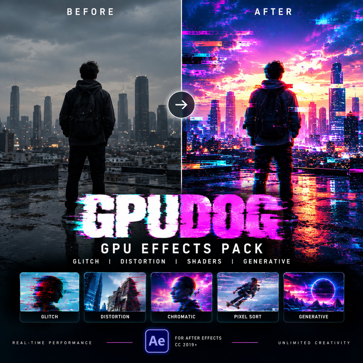 Promotional graphic for a GPU effects pack showing a split before/after cityscape scene with a person standing in the foreground. Large text reads 'GPUDOG GPU EFFECTS PACK' with feature thumbnails along the bottom and an Adobe Illustrator logo.