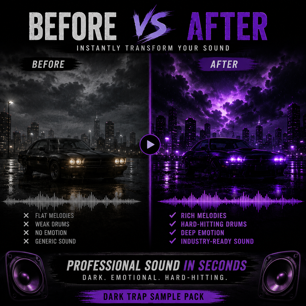 Promotional graphic for a dark trap sample pack, showing a split-screen 'Before vs After' comparison. The left side is grayscale with a dark car and city skyline, labeled 'Before' with a list of flat melodies and weak drums.