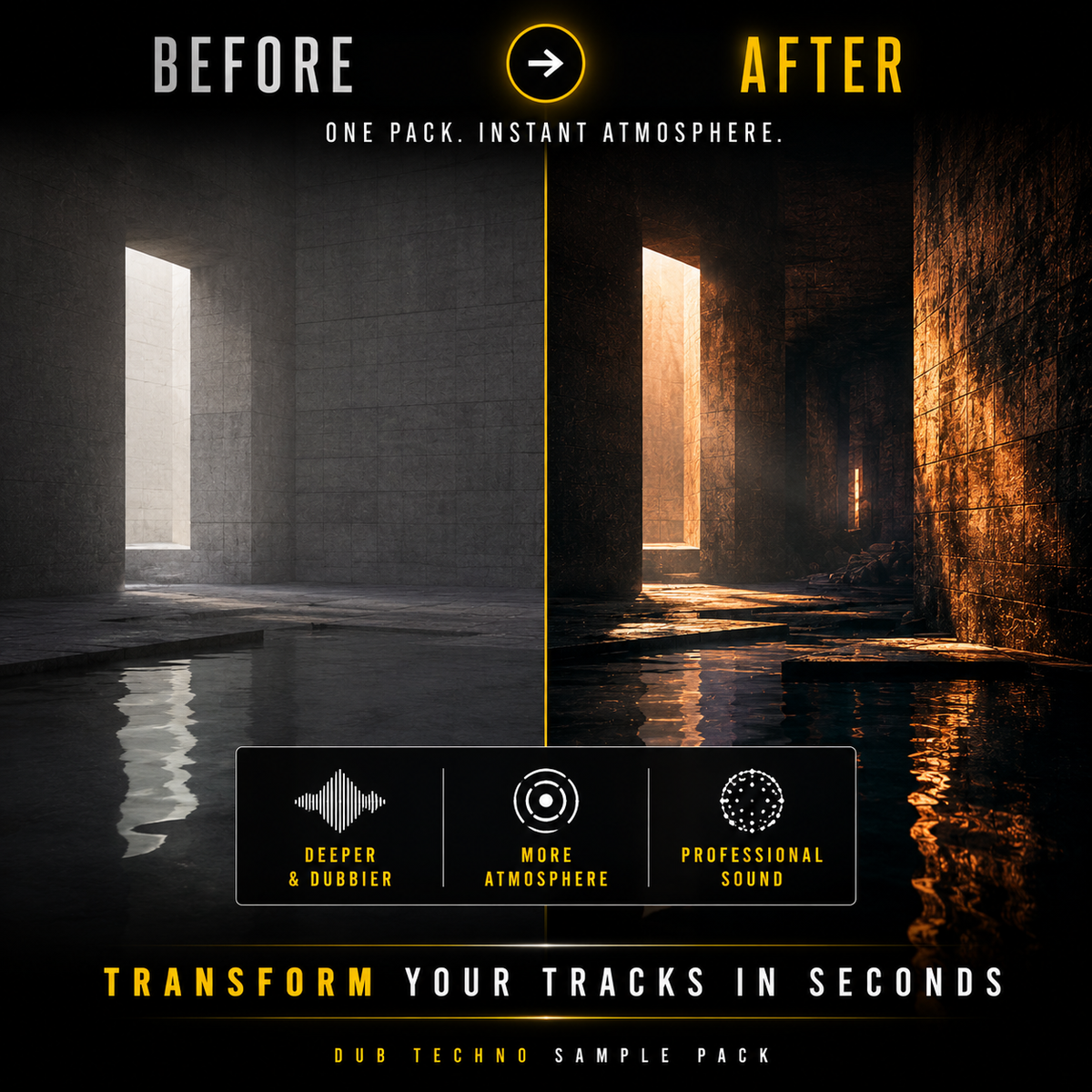 Promotional graphic for a techno sample pack showing a dark stone corridor with light beams before and after processing. Large text reads 'BEFORE' and 'AFTER' with the tagline 'ONE PACK.