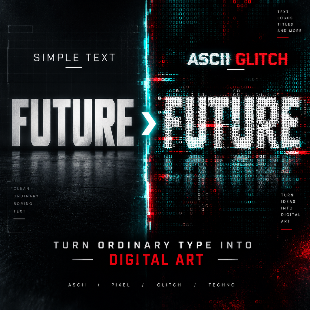 A digital graphic design template featuring a split-screen 'FUTURE' text composition. The left half shows 'FUTURE' in bold white 3D letters over a dark reflective floor with cyan digital grid lines.