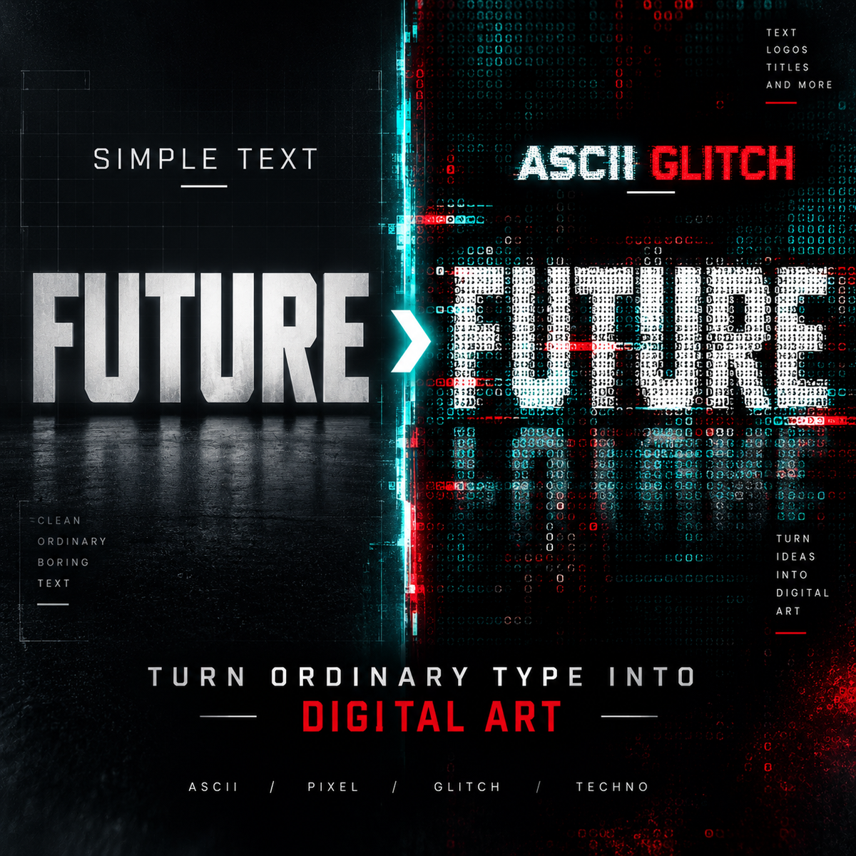 A digital graphic design template featuring a split-screen 'FUTURE' text composition. The left half shows 'FUTURE' in bold white 3D letters over a dark reflective floor with cyan digital grid lines.