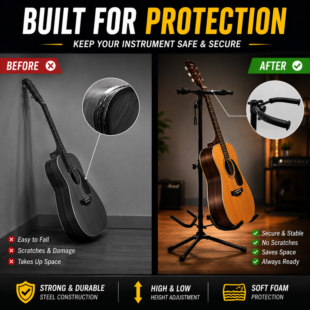 An infographic-style promotional graphic for a guitar stand and protective accessory set, with a black acoustic guitar shown leaning against a wall on the left and standing on the stand on the right. Large text reads 'BUILT FOR PROTECTION' and includes before/after comparison callouts, feature bullets, and icons for strength, height adjustment, and foam protection.