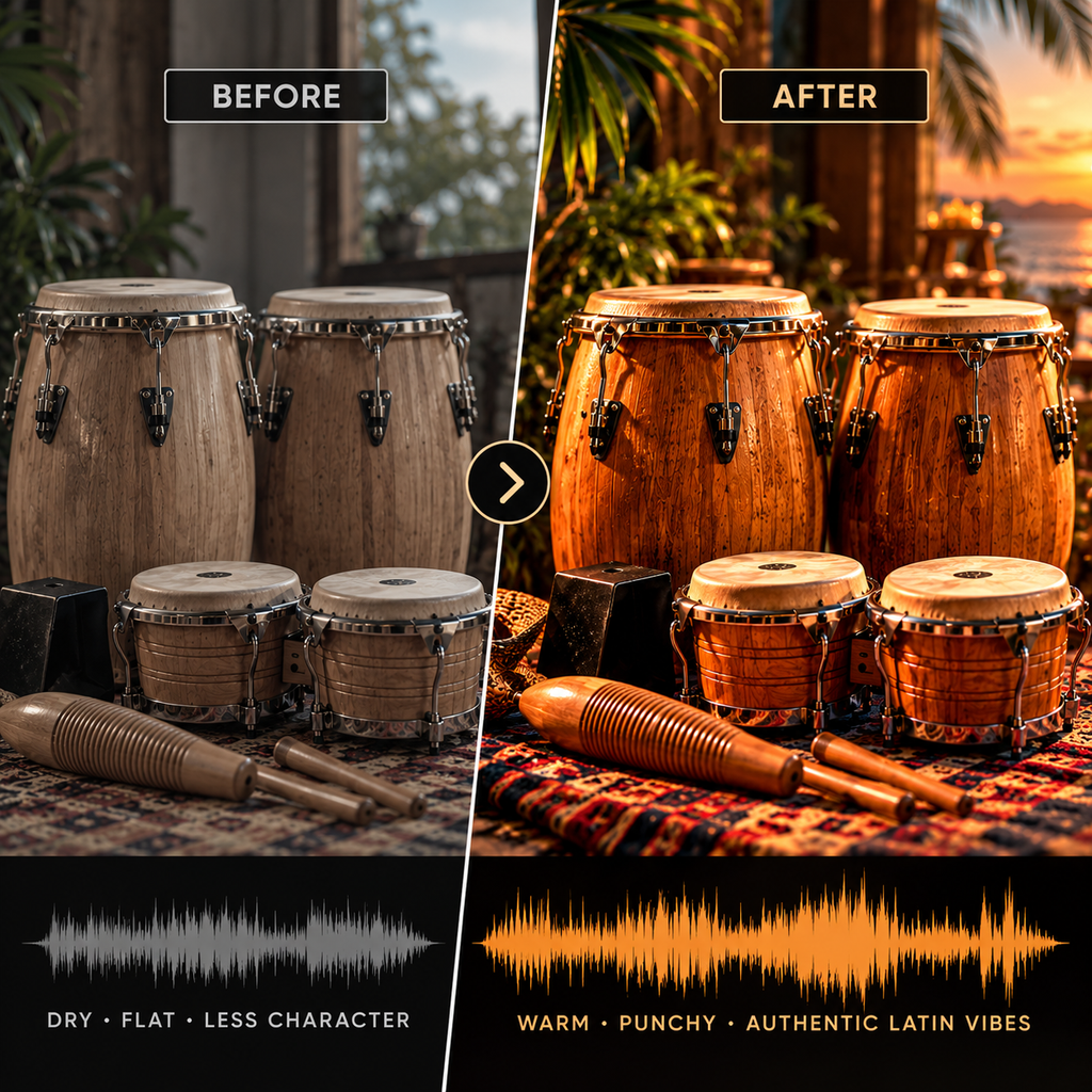 Latin percussion samples WAV featuring a before-and-after comparison of congas and bongos with warm, vibrant Latin-inspired tones.