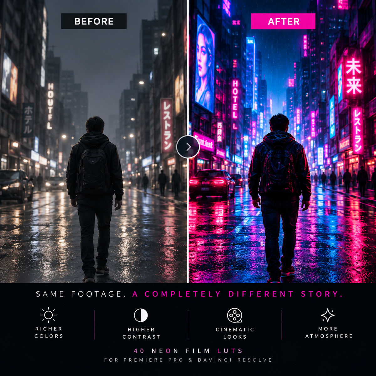 Before-and-after comparison of a nighttime city street scene with a person seen from behind. The left side is dark and moody, labeled BEFORE, while the right side is vivid with neon pink, blue, and purple lights, labeled AFTER.