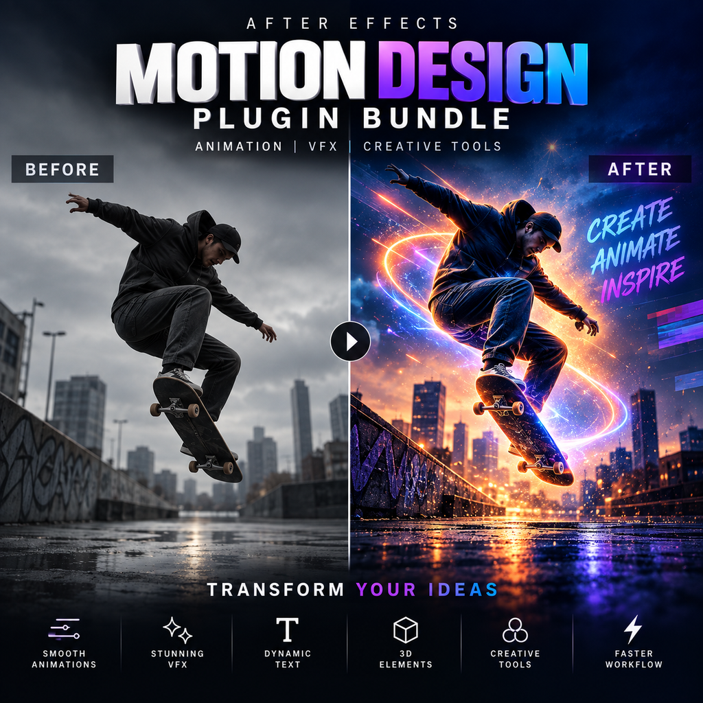 Promotional graphic for a motion design plugin bundle, showing a before-and-after comparison of a skateboarder in an urban setting. The left side is labeled 'BEFORE' with a dark, moody city scene, and the right side is labeled 'AFTER' with a vibrant, neon-lit sci-fi city scene.